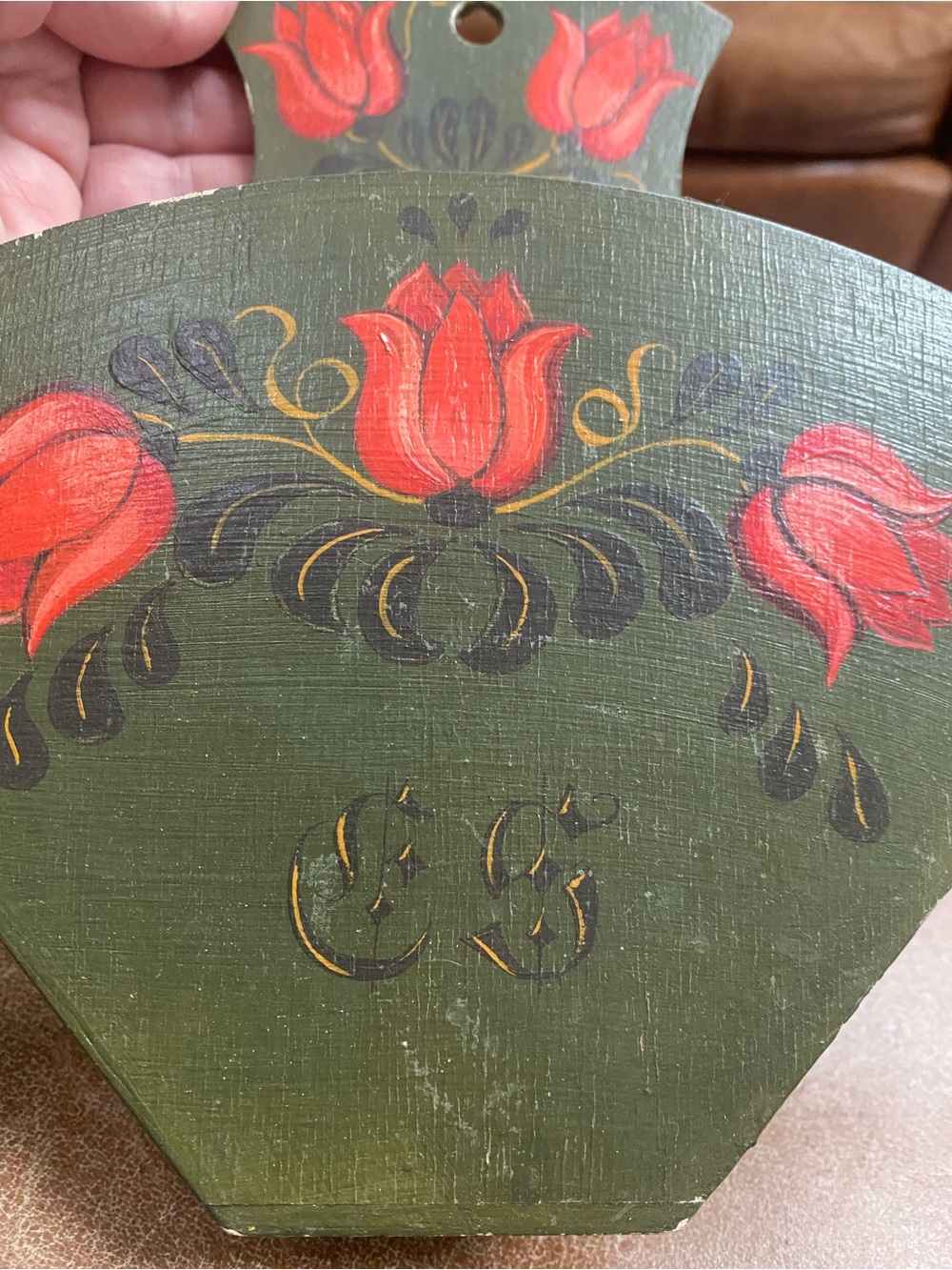 Vintage HandPainted Cone Coffee Filter Holder Green Floral Wooden Wall Decor - Picture 7 of 11